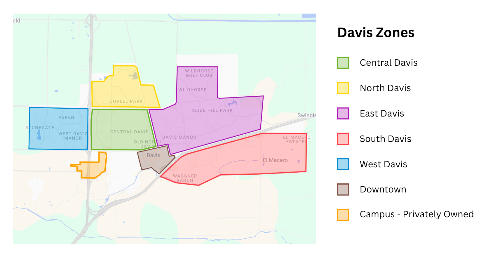 Map highlighting different zones of Davis, with color-coded areas labeled accordingly.